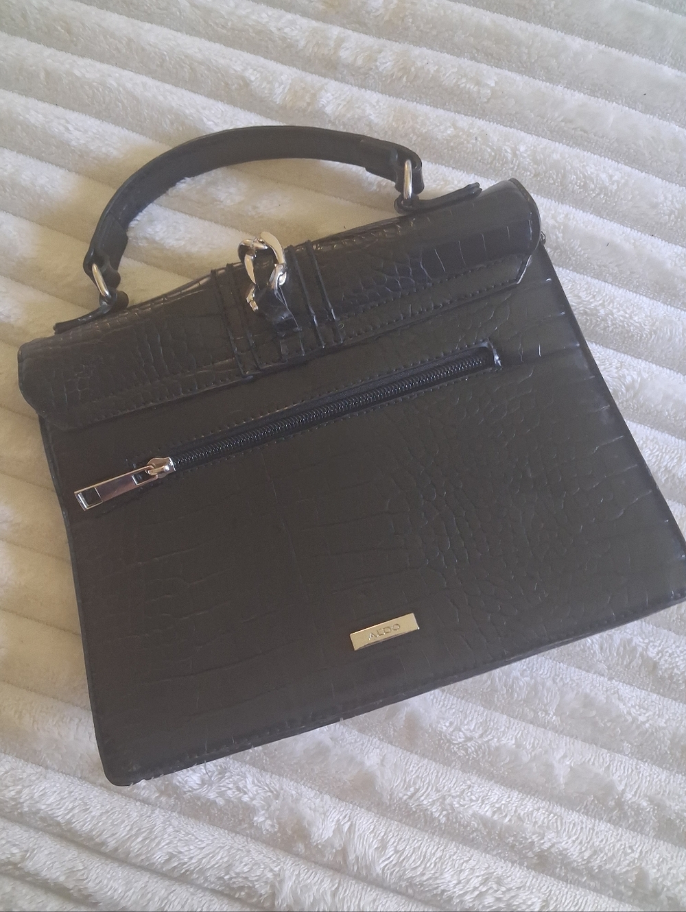 Aldo Black Croc-Embossed Satchel with Silver Chain